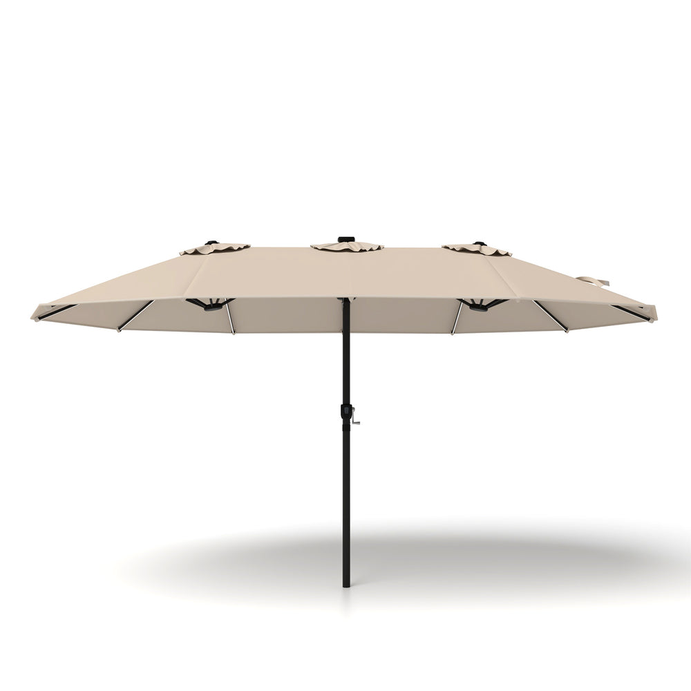 15ft Double-Sided Patio Umbrella with 144 Solar LED Lights Crank Handle No Base-Beige