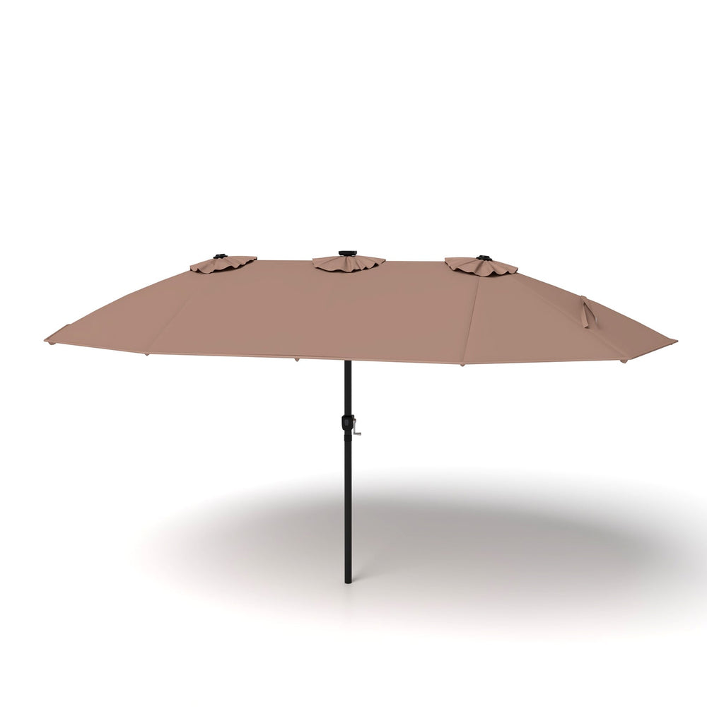 15ft Double-Sided Patio Umbrella with 144 Solar LED Lights Crank Handle No Base-Brown