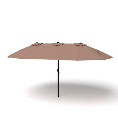 15ft Double-Sided Patio Umbrella with 144 Solar LED Lights Crank Handle No Base-Brown
