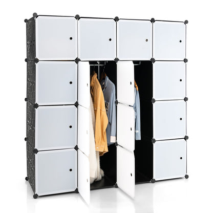 16 Cube Cabinet Storage Organizer with 2 Clothes Hanging Rails -Black &amp;amp; White