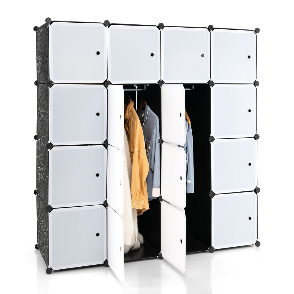 16 Cube Cabinet Storage Organizer with 2 Clothes Hanging Rails -Black &amp;amp; White