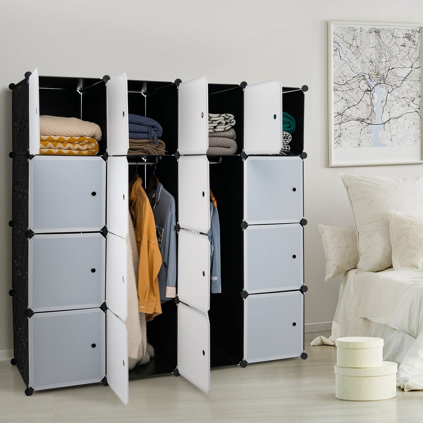 16 Cube Cabinet Storage Organizer with 2 Clothes Hanging Rails -Black &amp;amp; White