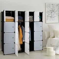 16 Cube Cabinet Storage Organizer with 2 Clothes Hanging Rails -Black &amp; White
