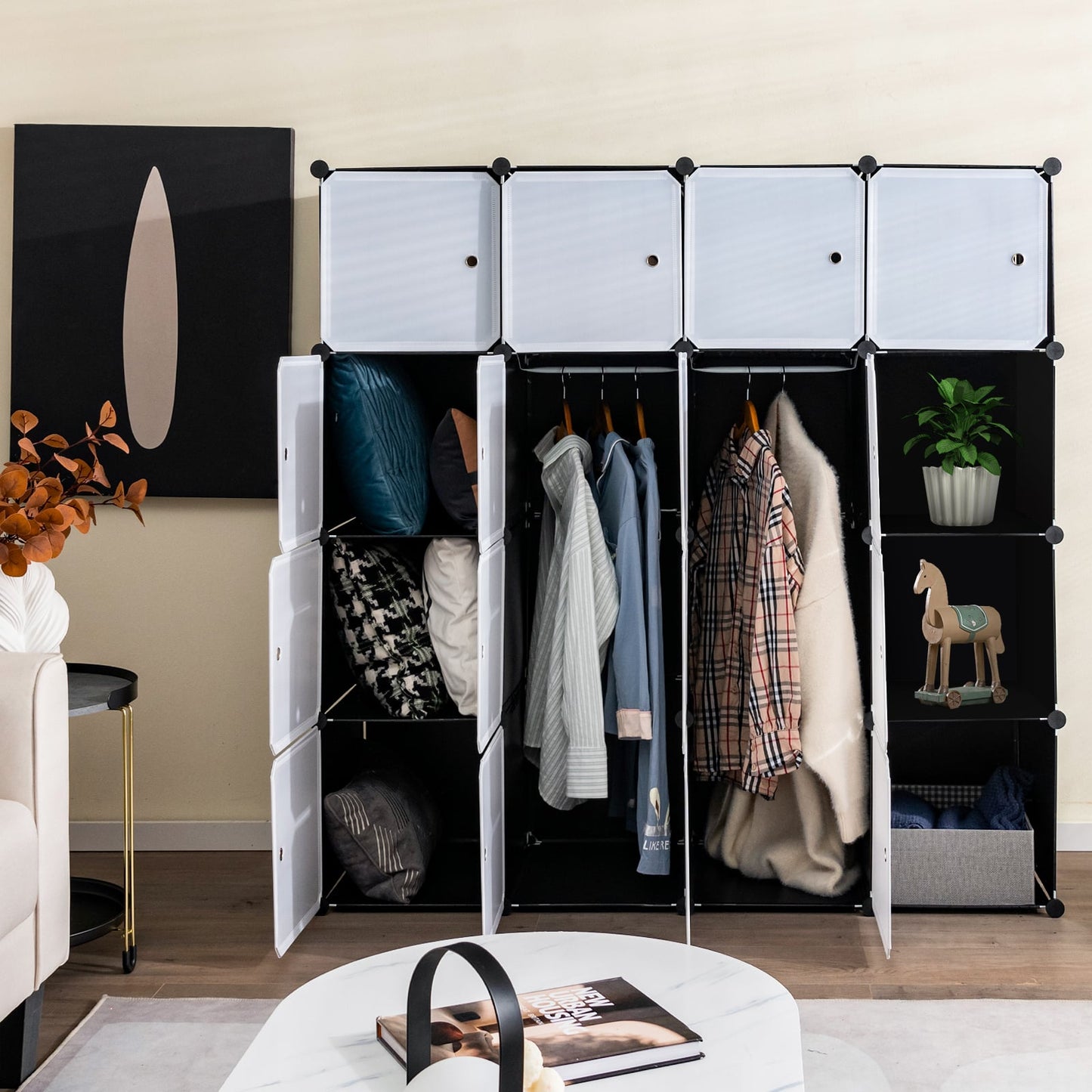 16 Cube Cabinet Storage Organizer with 2 Clothes Hanging Rails -Black &amp;amp; White