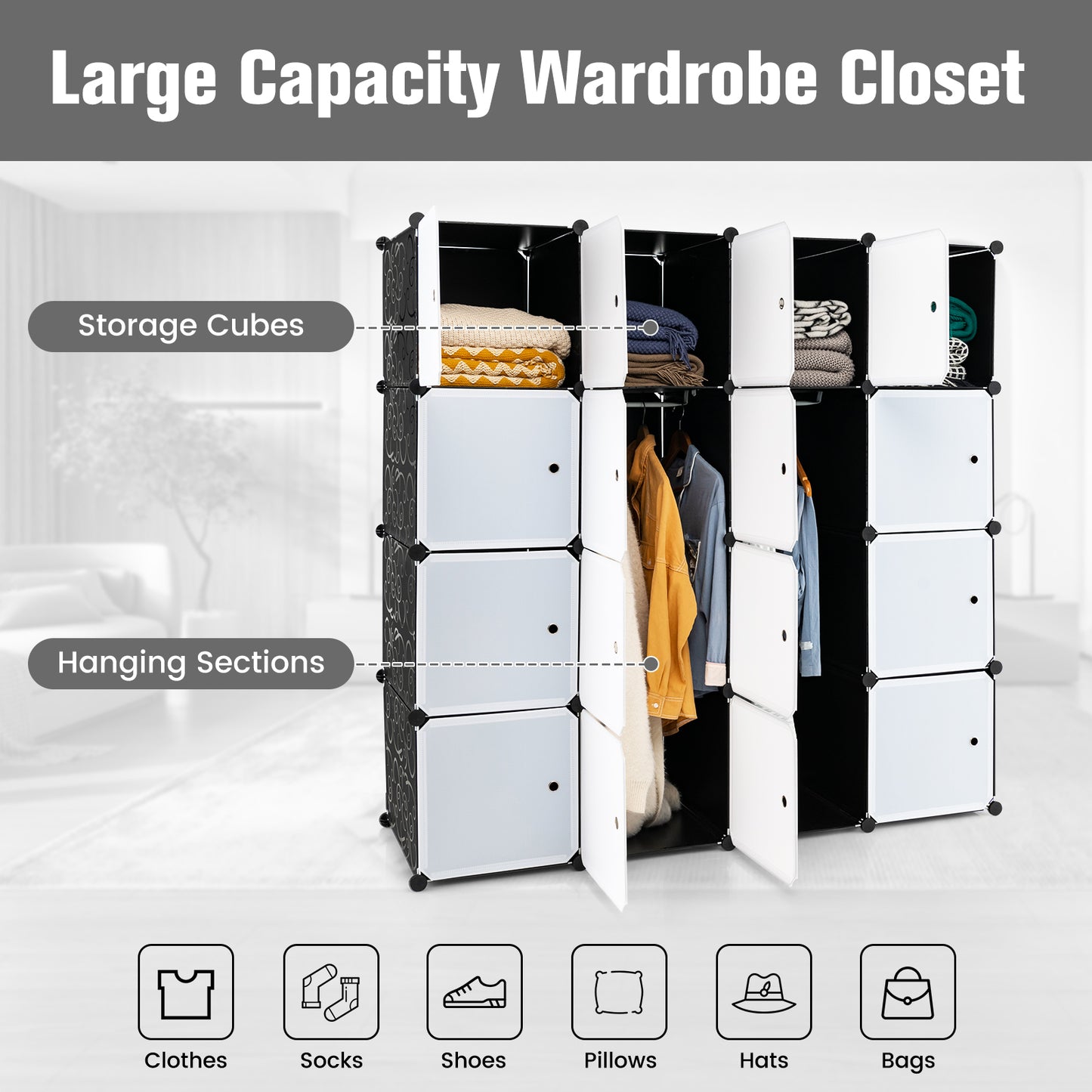 16 Cube Cabinet Storage Organizer with 2 Clothes Hanging Rails -Black &amp;amp; White