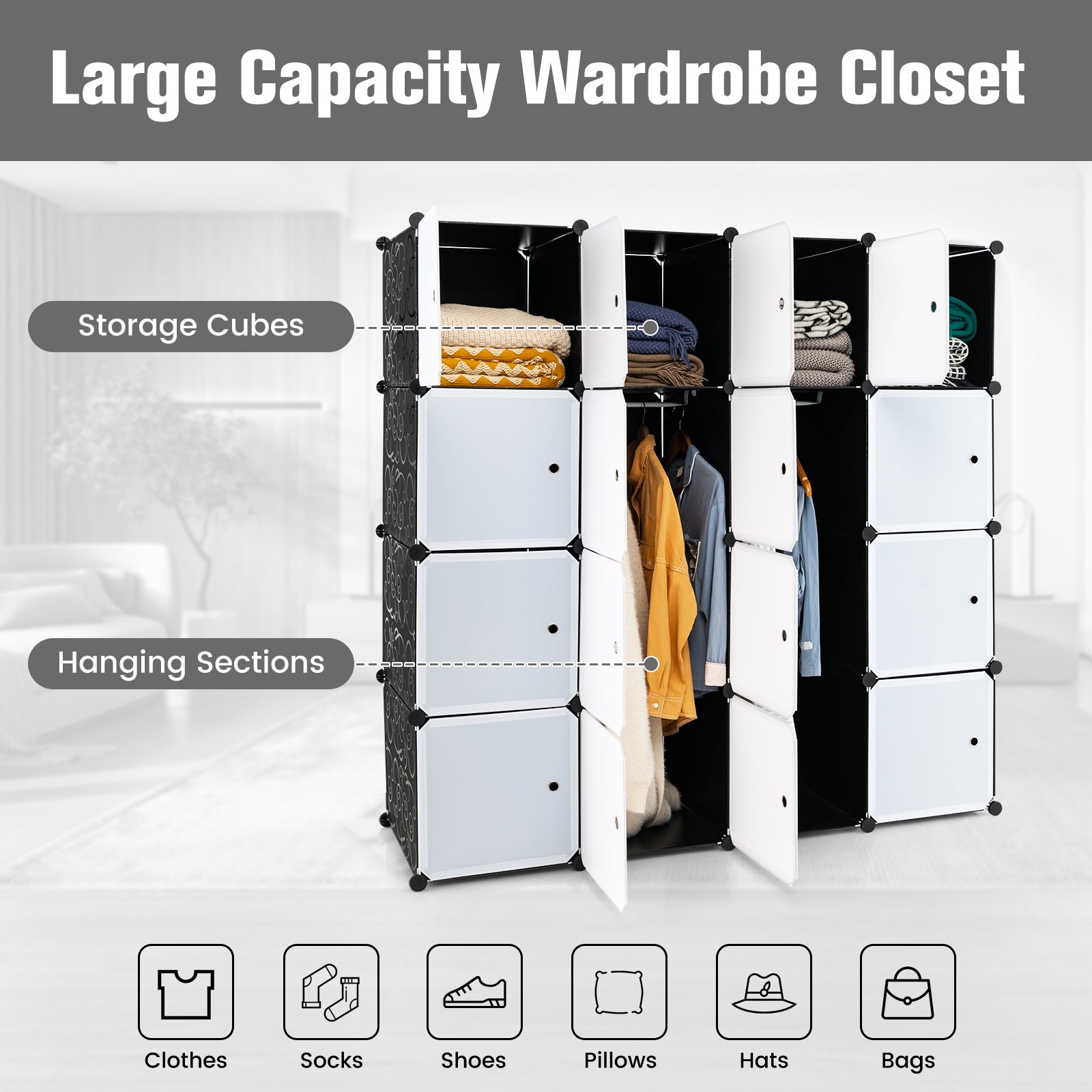 16 Cube Cabinet Storage Organizer with 2 Clothes Hanging Rails -Black &amp;amp; White