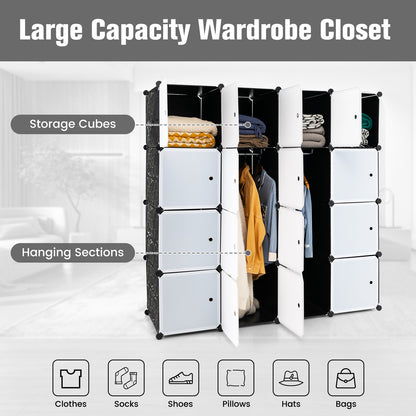 16 Cube Cabinet Storage Organizer with 2 Clothes Hanging Rails -Black &amp;amp; White