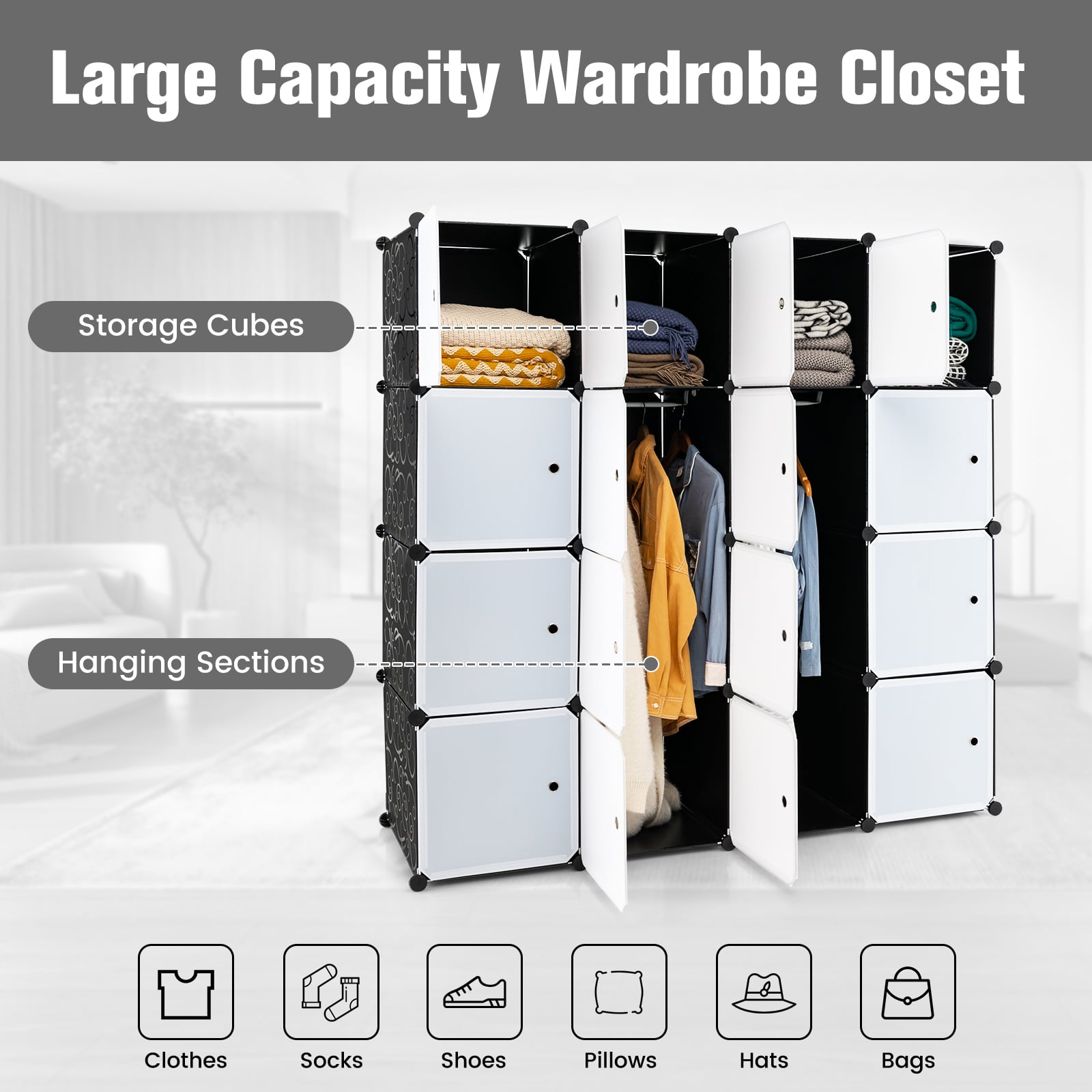 16 Cube Cabinet Storage Organizer with 2 Clothes Hanging Rails -Black &amp;amp; White