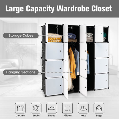 16 Cube Cabinet Storage Organizer with 2 Clothes Hanging Rails -Black &amp;amp; White