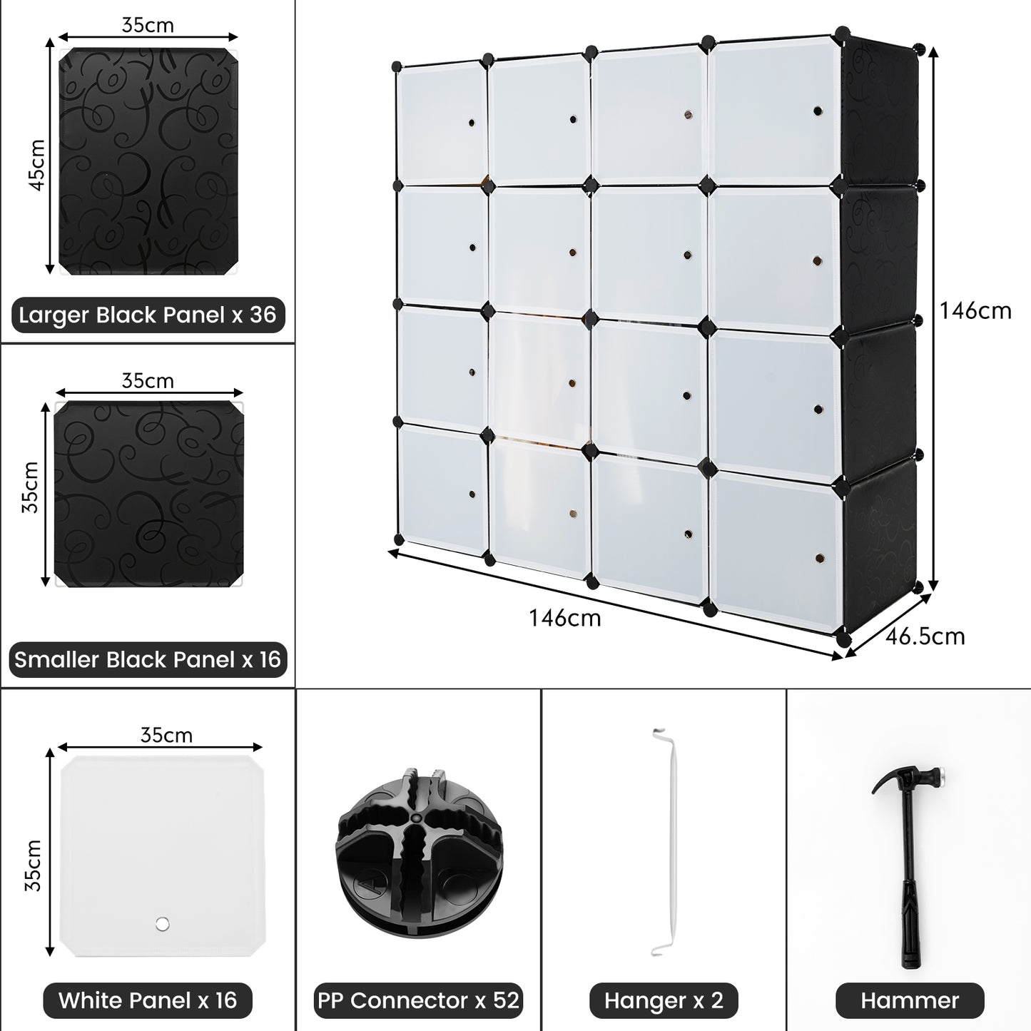 16 Cube Cabinet Storage Organizer with 2 Clothes Hanging Rails -Black &amp;amp; White