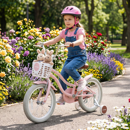 16 Inch Girls Bike with Basket for 4-7 Years Retro Series Sakura Pink