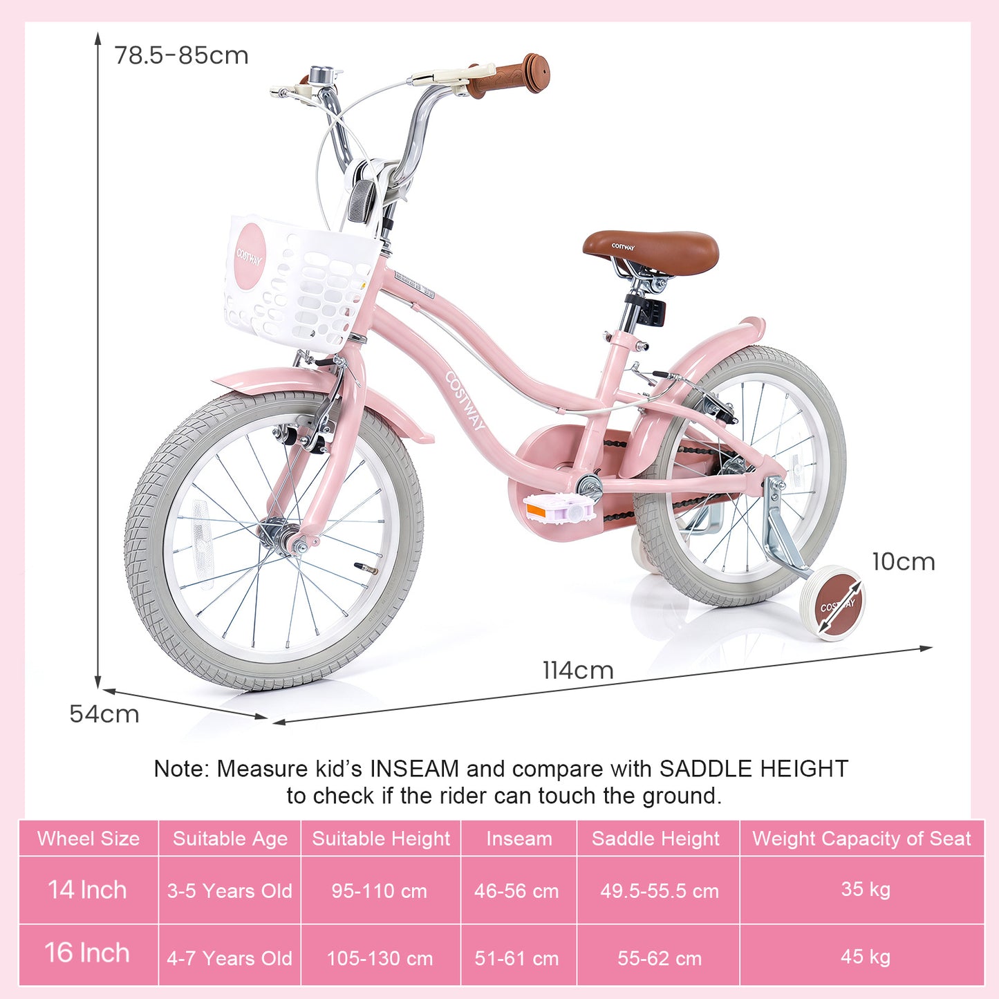 16 Inch Girls Bike with Basket for 4-7 Years Retro Series Sakura Pink
