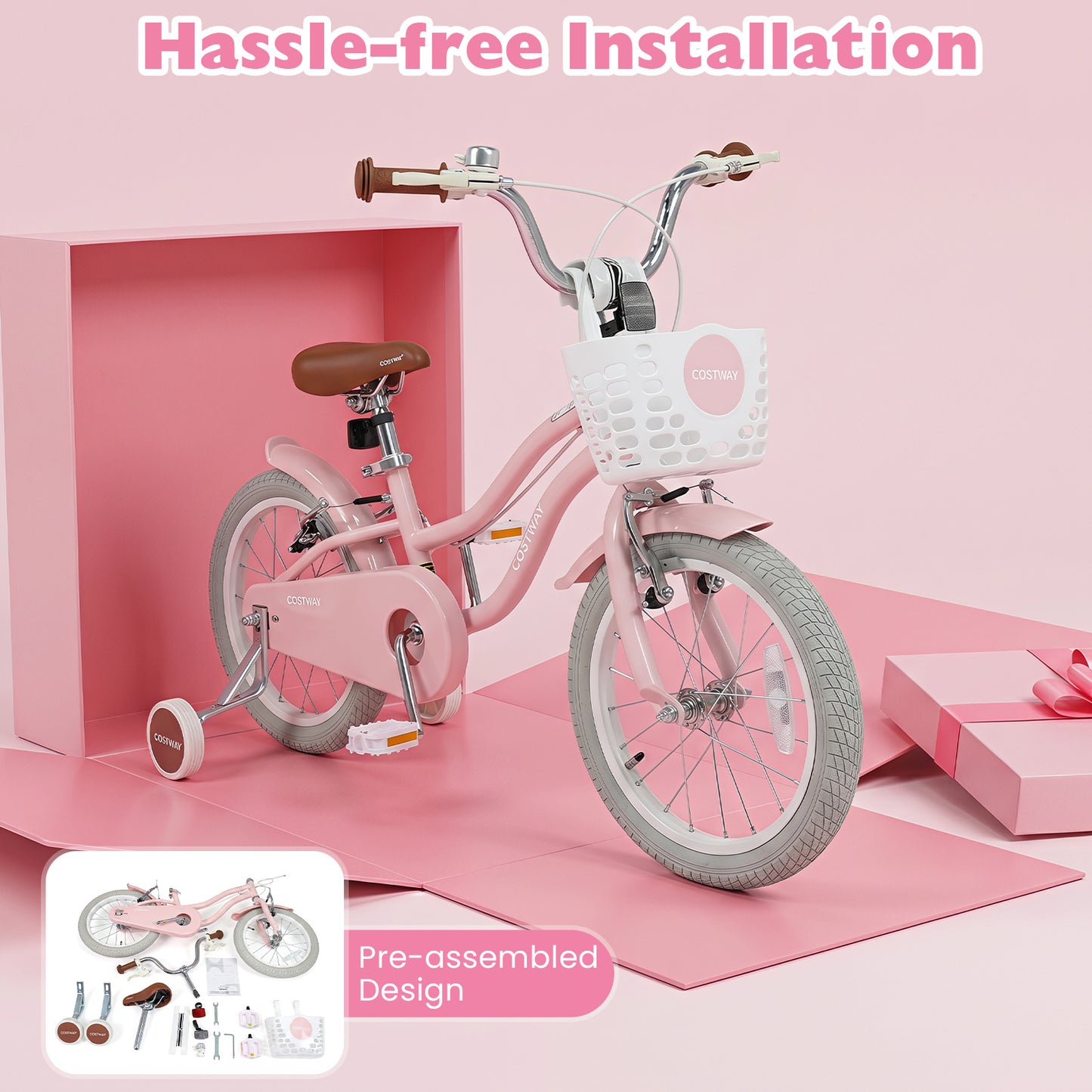 16 Inch Girls Bike with Basket for 4-7 Years Retro Series Sakura Pink