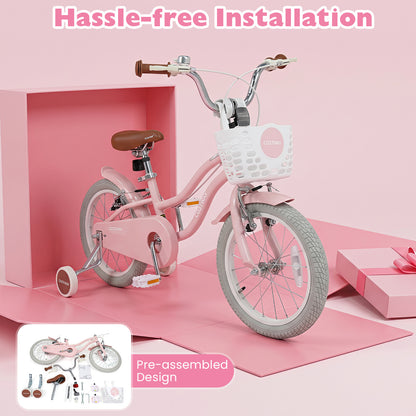 16 Inch Girls Bike with Basket for 4-7 Years Retro Series Sakura Pink