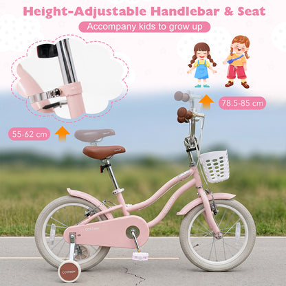 16 Inch Girls Bike with Basket for 4-7 Years Retro Series Sakura Pink