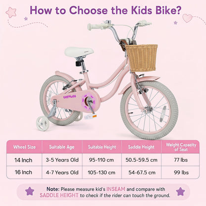 16 Inch Girls Bike with Woven Basket for 4-7 Years Cottage Series Sakura Pink