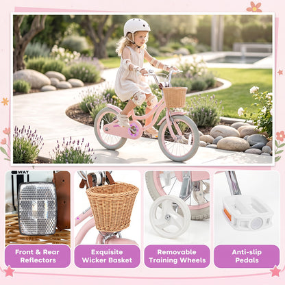 16 Inch Girls Bike with Woven Basket for 4-7 Years Cottage Series Sakura Pink