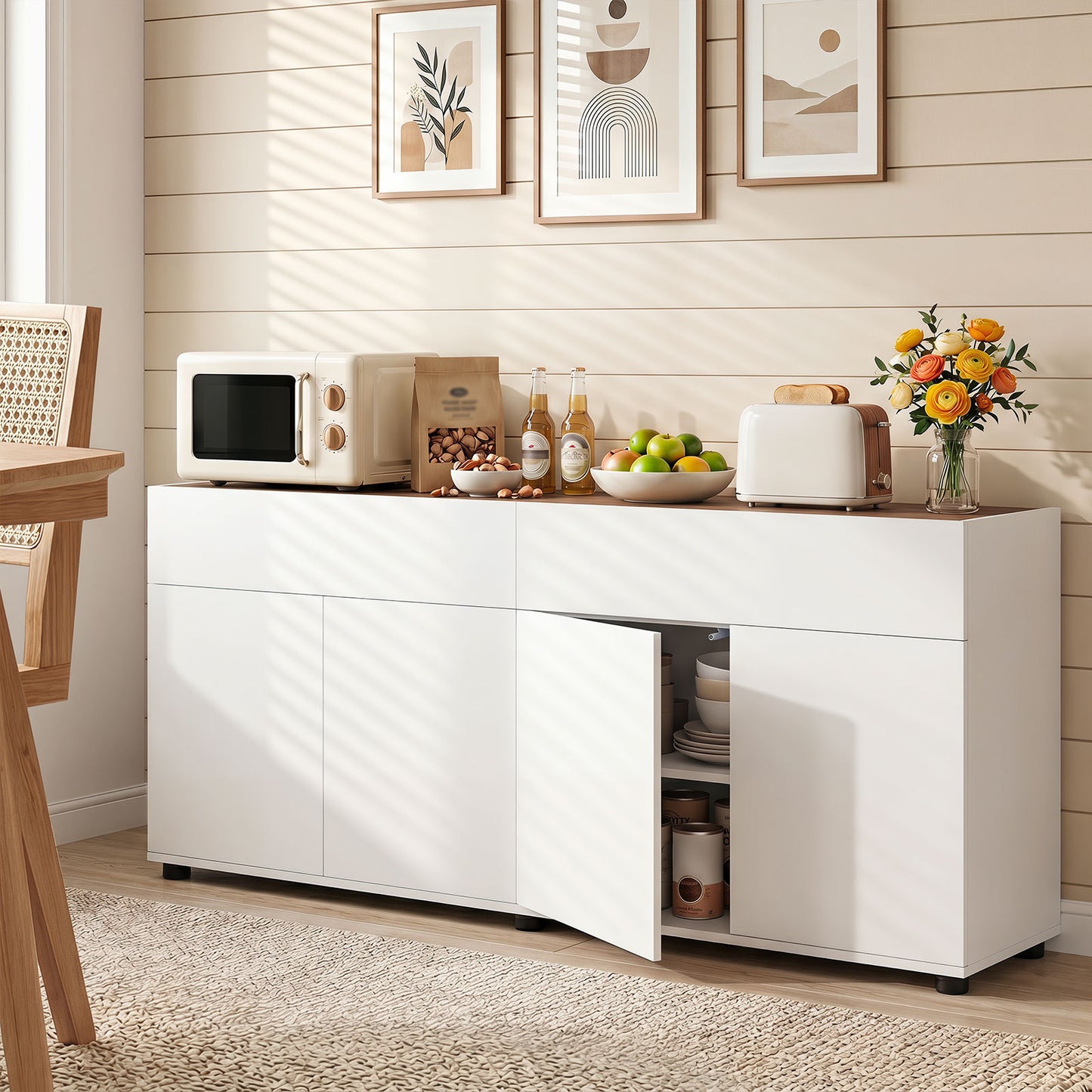 160 cm Buffet Cabinet with Push-to-Open Doors & 2 Drawers for Dining Room-White