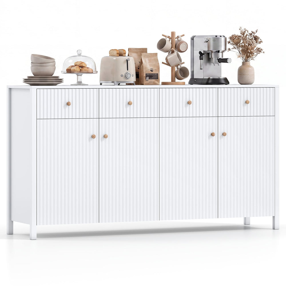 160 cm Sideboard Buffet Cabinet Fluted Large 4-Door Storage Organizer with 4 Drawers-White