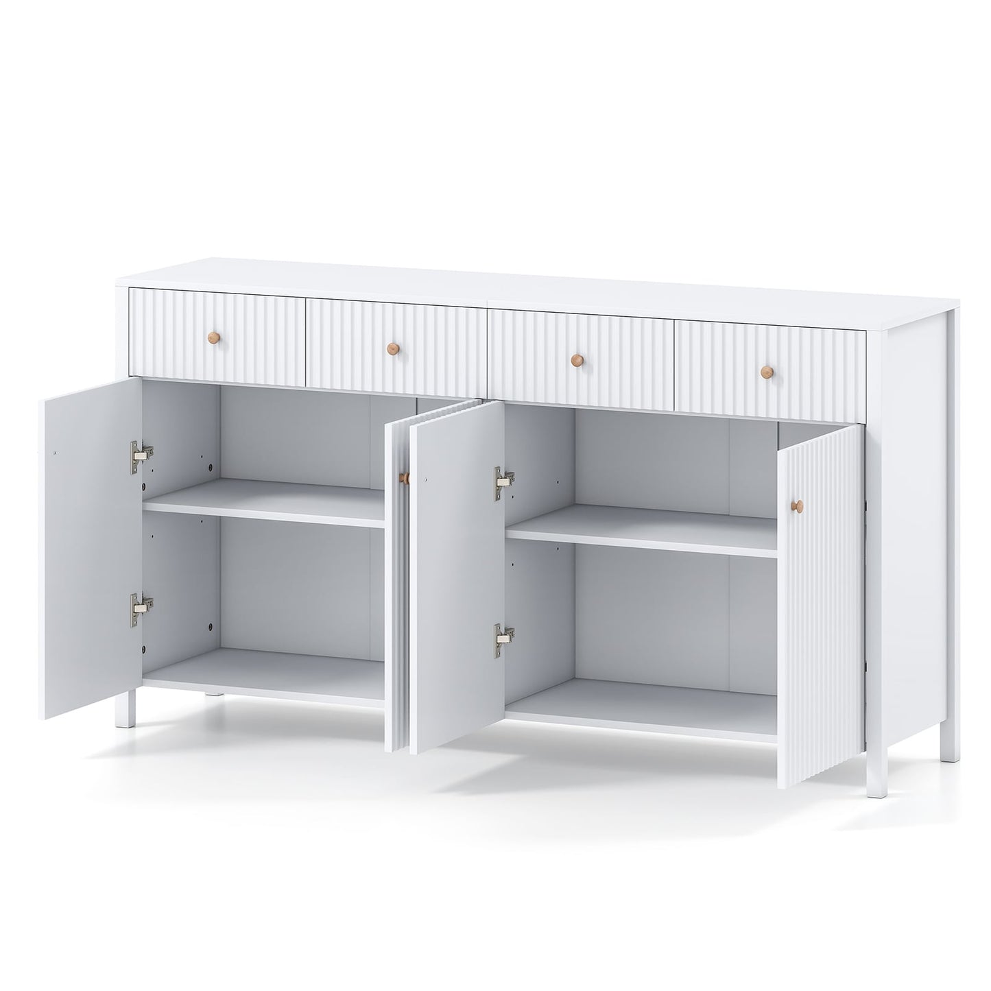 160 cm Sideboard Buffet Cabinet Fluted Large 4-Door Storage Organizer with 4 Drawers-White