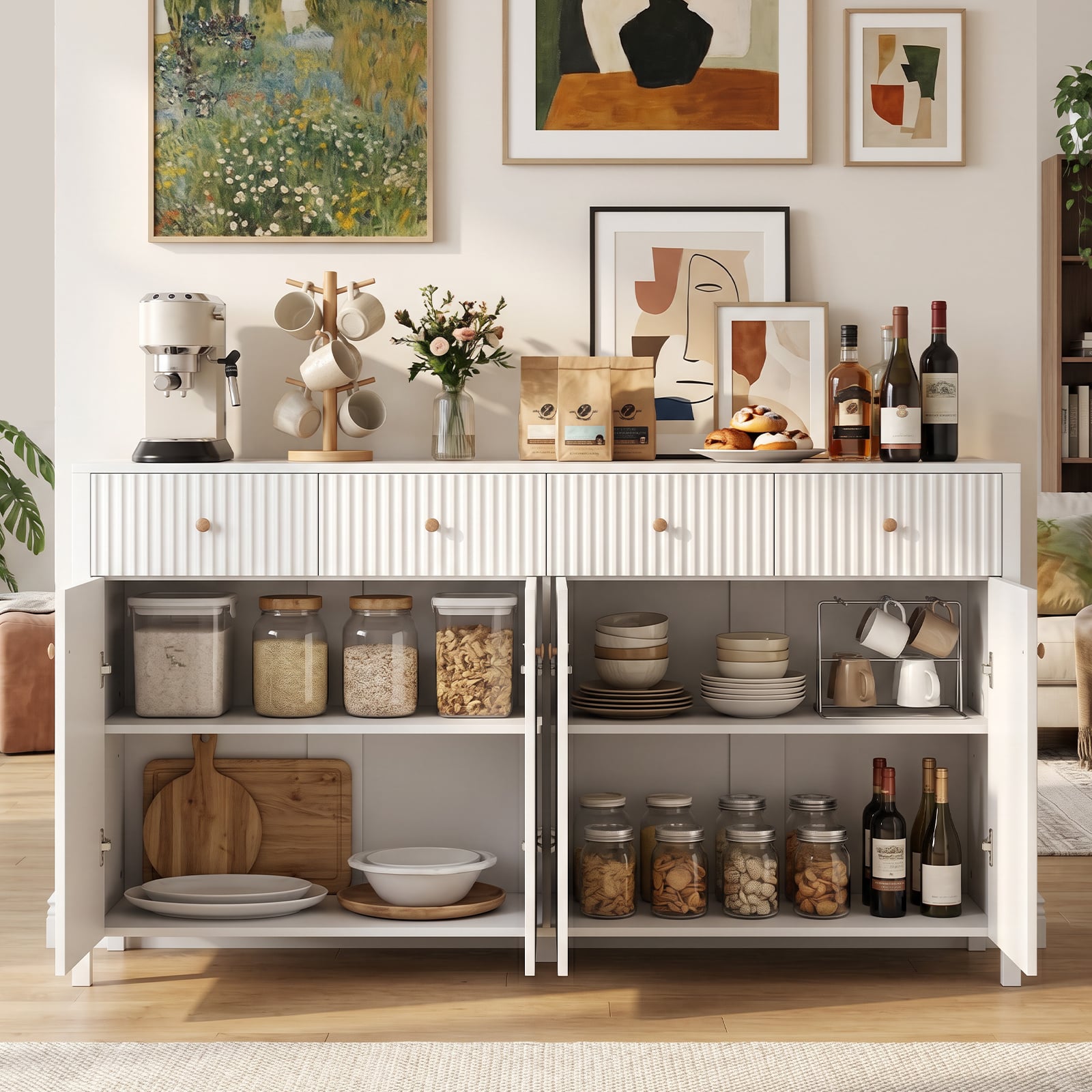 160 cm Sideboard Buffet Cabinet Fluted Large 4-Door Storage Organizer with 4 Drawers-White