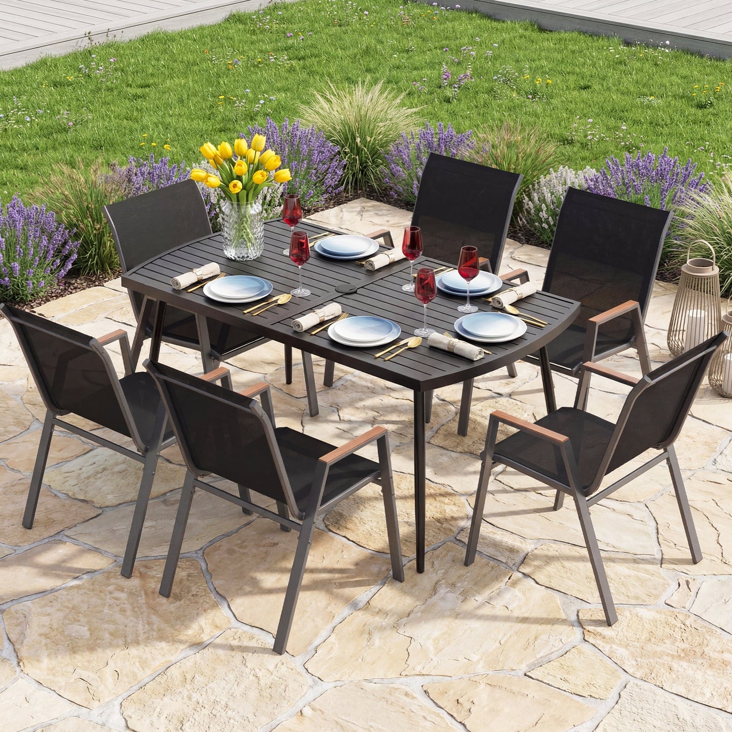 160 x 90 cm Patio Dining Table Rectangle Metal Slat Table with 4 cm Umbrella Hole-Black