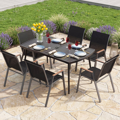 160 x 90 cm Patio Dining Table Rectangle Metal Slat Table with 4 cm Umbrella Hole-Black