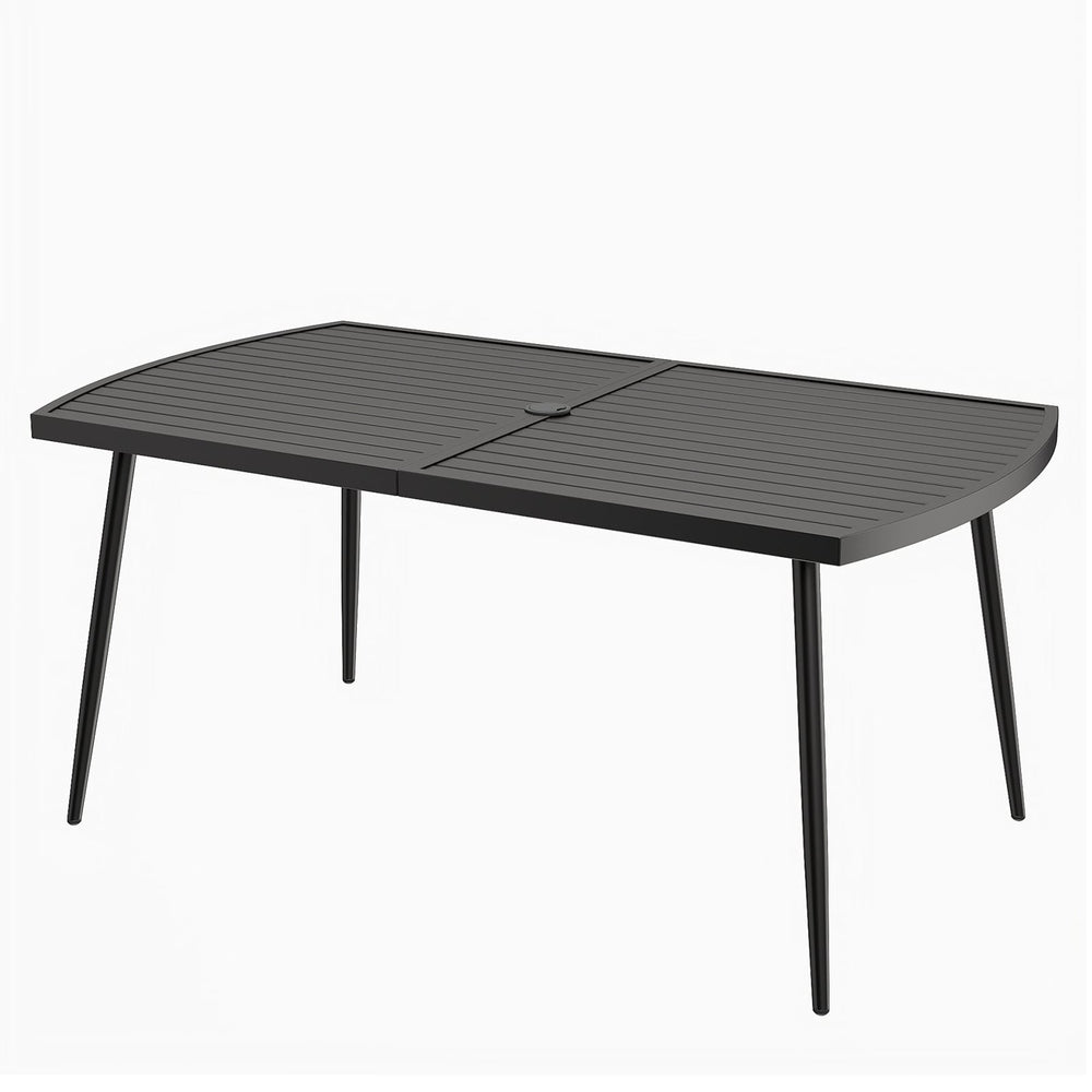 160 x 90 cm Patio Dining Table Rectangle Metal Slat Table with 4 cm Umbrella Hole-Black