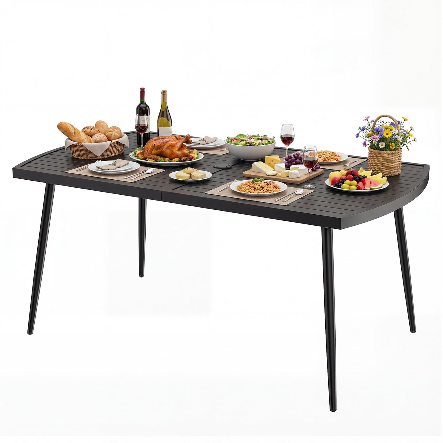 160 x 90 cm Patio Dining Table Rectangle Metal Slat Table with 4 cm Umbrella Hole-Black