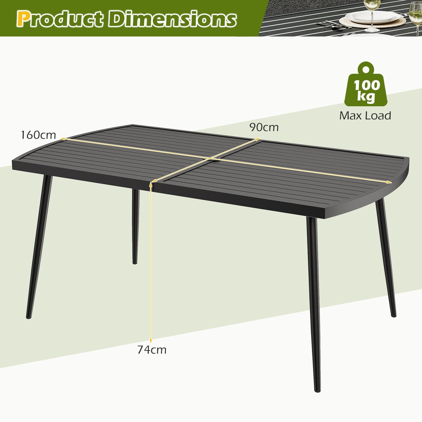 160 x 90 cm Patio Dining Table Rectangle Metal Slat Table with 4 cm Umbrella Hole-Black