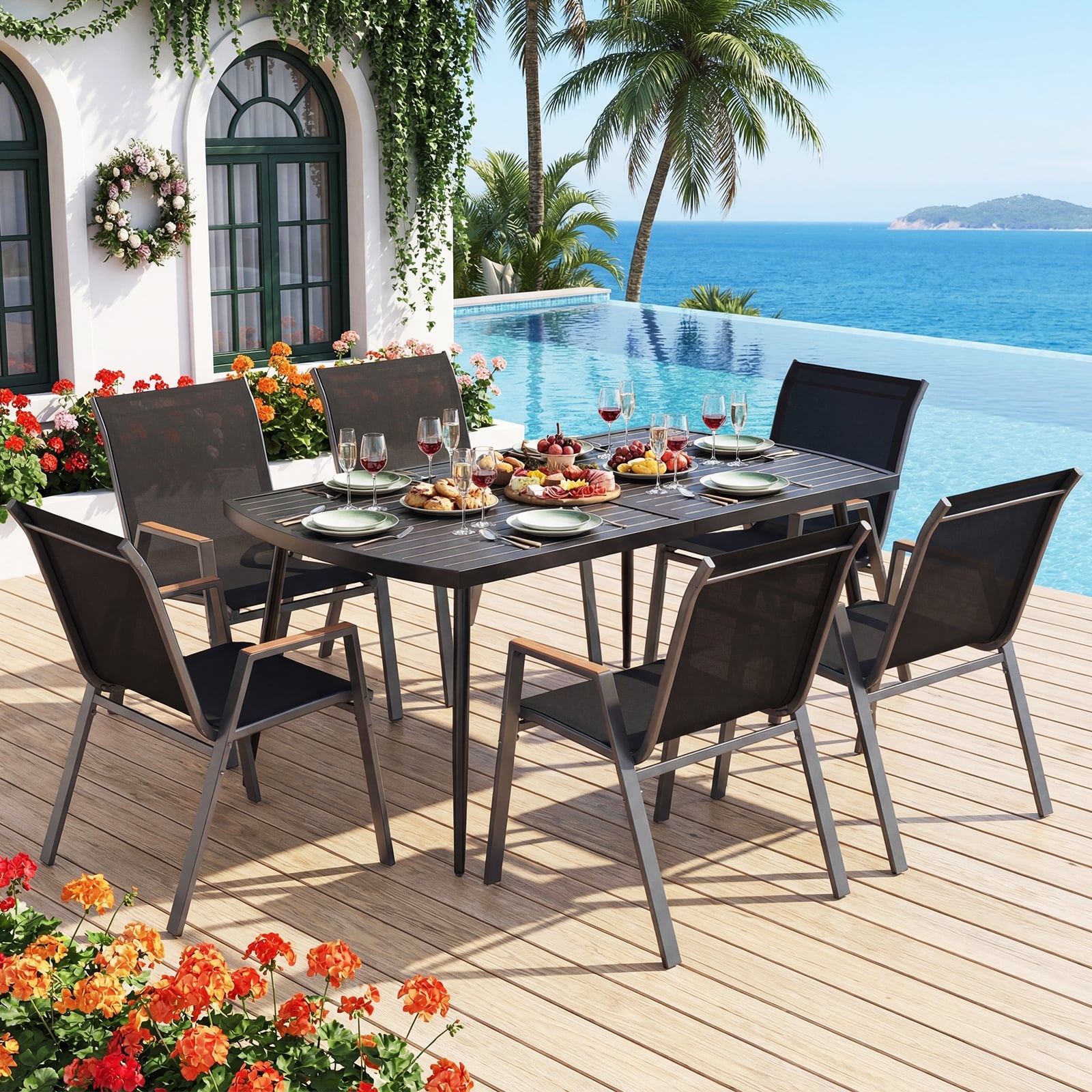 160 x 90 cm Patio Dining Table Rectangle Metal Slat Table with 4 cm Umbrella Hole-Black