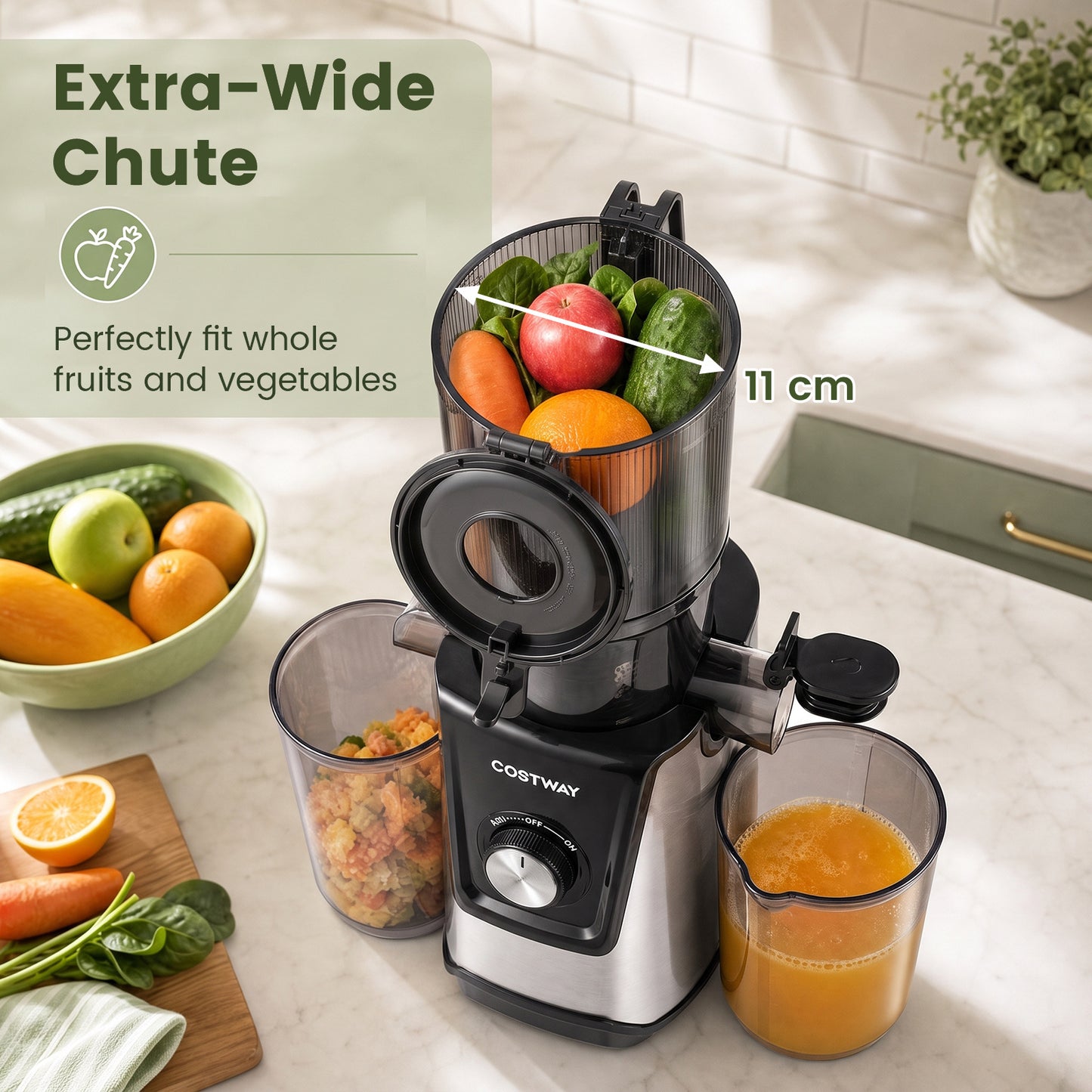 160W Cold Press Juicer w/ Dual Outlets & Wide Chute for Whole Fruits Vegetables-Black