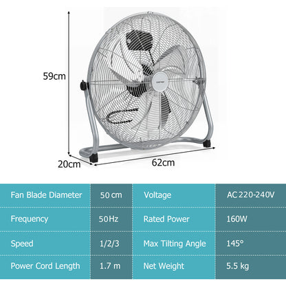 160W High Velocity Floor Fan with 3 Speed and Adjustable Tilting Head-Silver