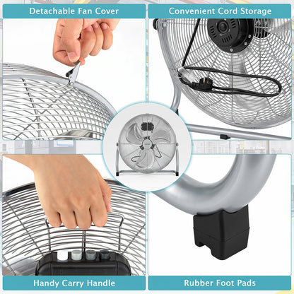 160W High Velocity Floor Fan with 3 Speed and Adjustable Tilting Head-Silver