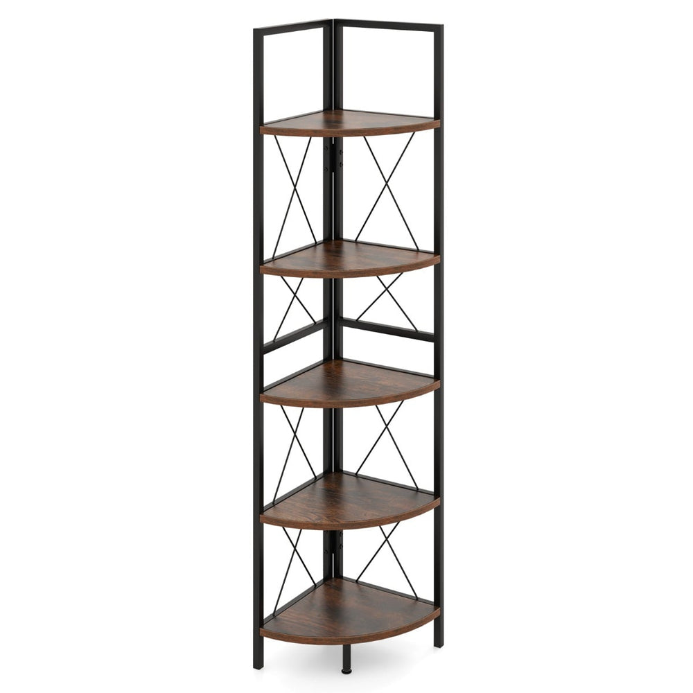 160 CM 5 tier Corner Bookshelf with Metal Frame X-shaped Brackets-Rustic Brown