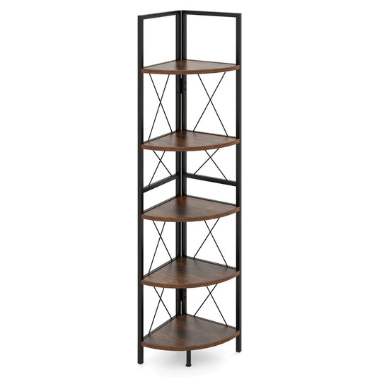 160 CM 5 tier Corner Bookshelf with Metal Frame X-shaped Brackets-Rustic Brown