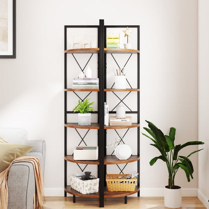 160 CM 5 tier Corner Bookshelf with Metal Frame X-shaped Brackets-Rustic Brown