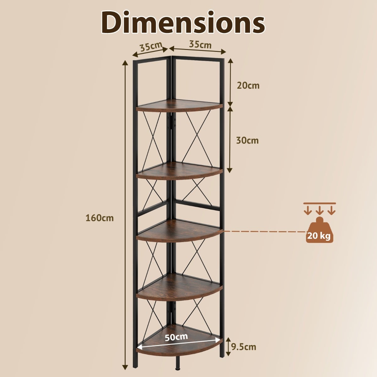 160 CM 5 tier Corner Bookshelf with Metal Frame X-shaped Brackets-Rustic Brown