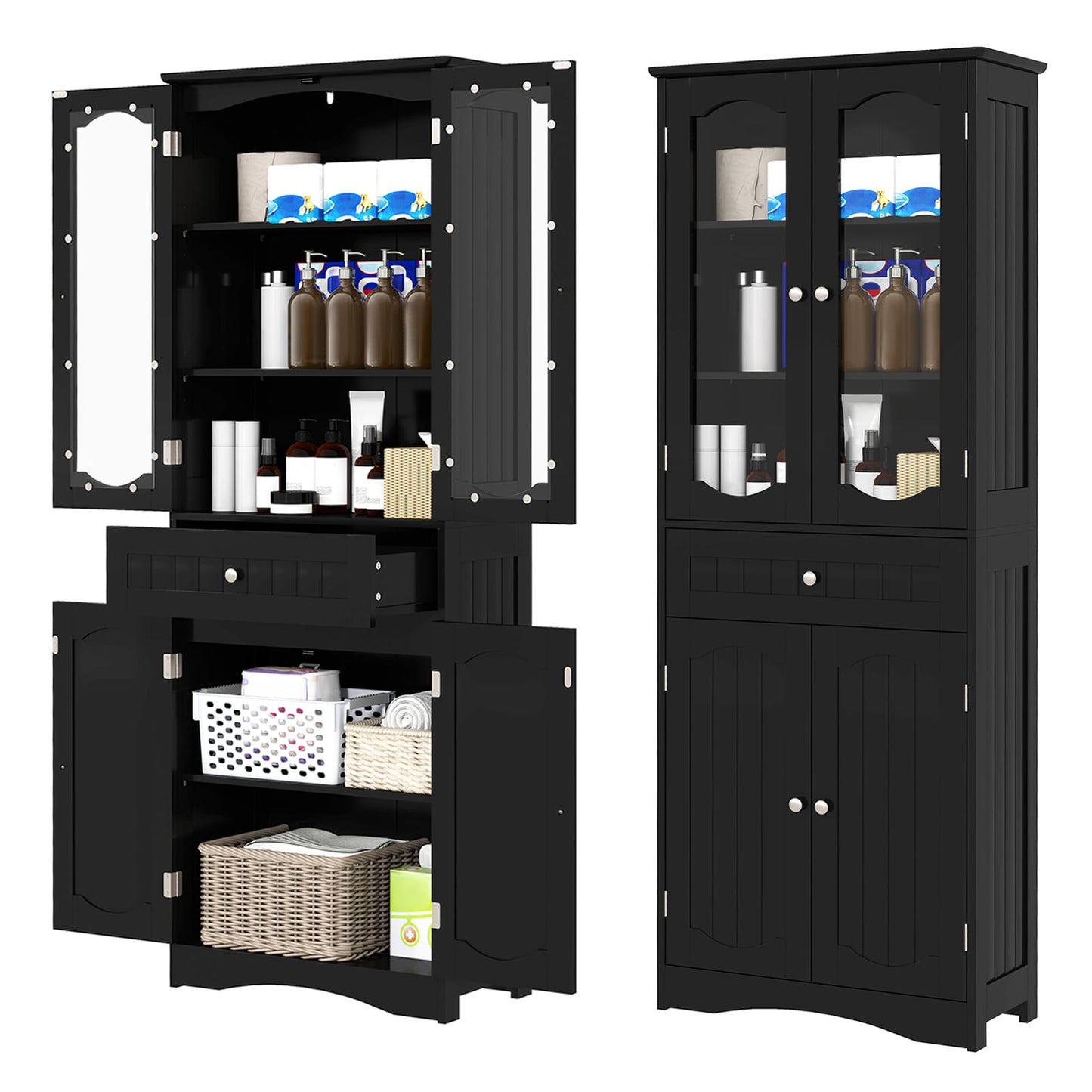 160cm Freestanding Linen Tall Bathroom Storage Cabinet with 2 Glass Doors-Black