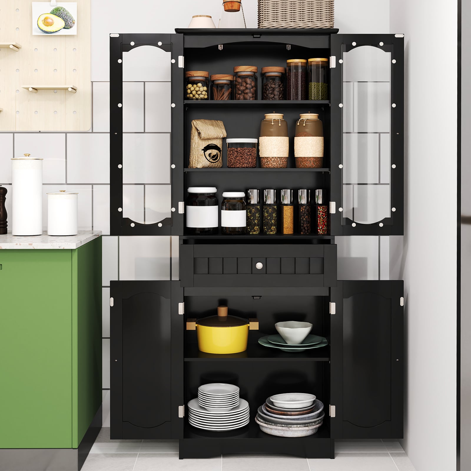160cm Freestanding Linen Tall Bathroom Storage Cabinet with 2 Glass Doors-Black