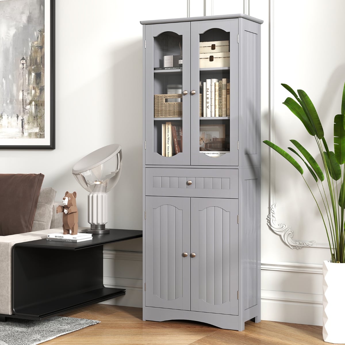 160cm Freestanding Linen Tall Bathroom Storage Cabinet with 2 Glass Doors-Grey