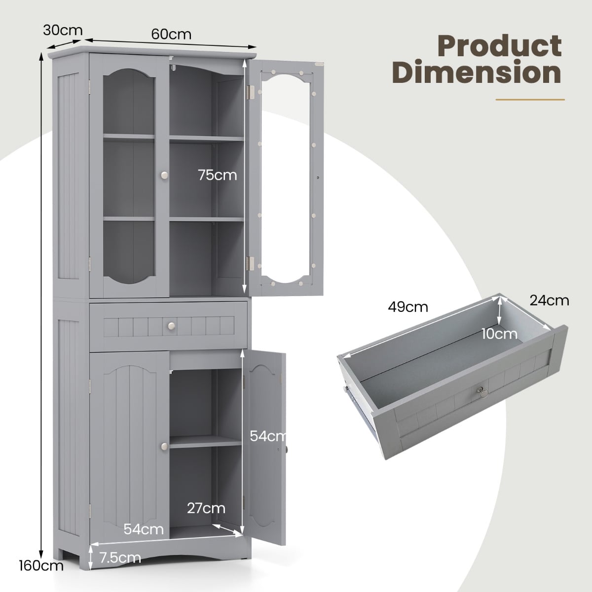 160cm Freestanding Linen Tall Bathroom Storage Cabinet with 2 Glass Doors-Grey