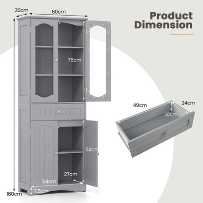 160cm Freestanding Linen Tall Bathroom Storage Cabinet with 2 Glass Doors-Grey