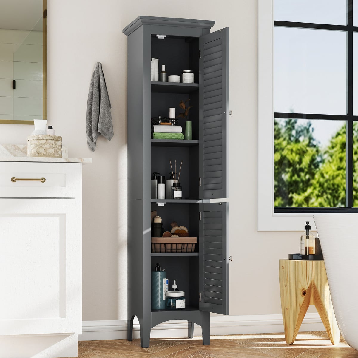 Freestanding Tall Bathroom Floor Cabinet with Adjustable Shelf and 2 Doors-Light Grey