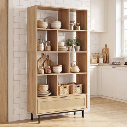 162 cm Tall Wooden Bookcase 6-Tier with 8 Open Cubes Rattan Drawer-Natural