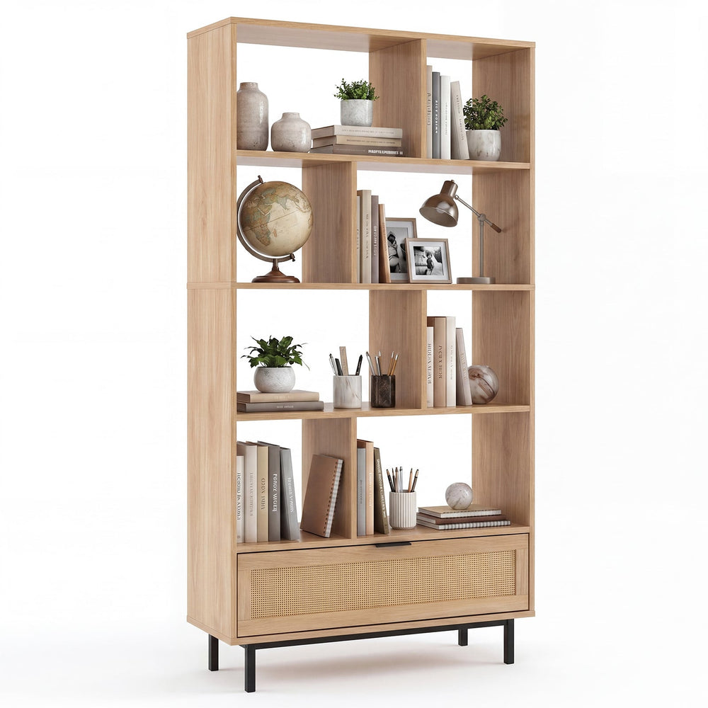 162 cm Tall Wooden Bookcase 6-Tier with 8 Open Cubes Rattan Drawer-Natural