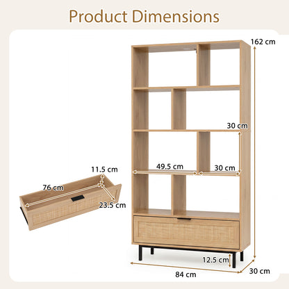 162 cm Tall Wooden Bookcase 6-Tier with 8 Open Cubes Rattan Drawer-Natural