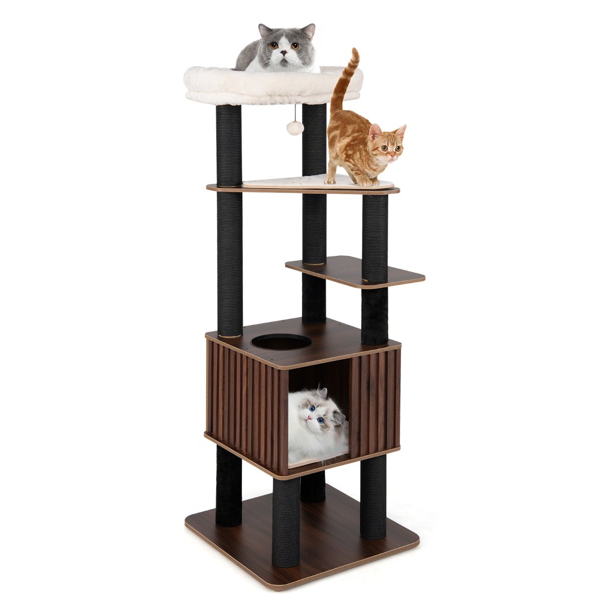 162CM Tall Cat Tree with Soft Padding and Hanging Jingling Ball-Brown