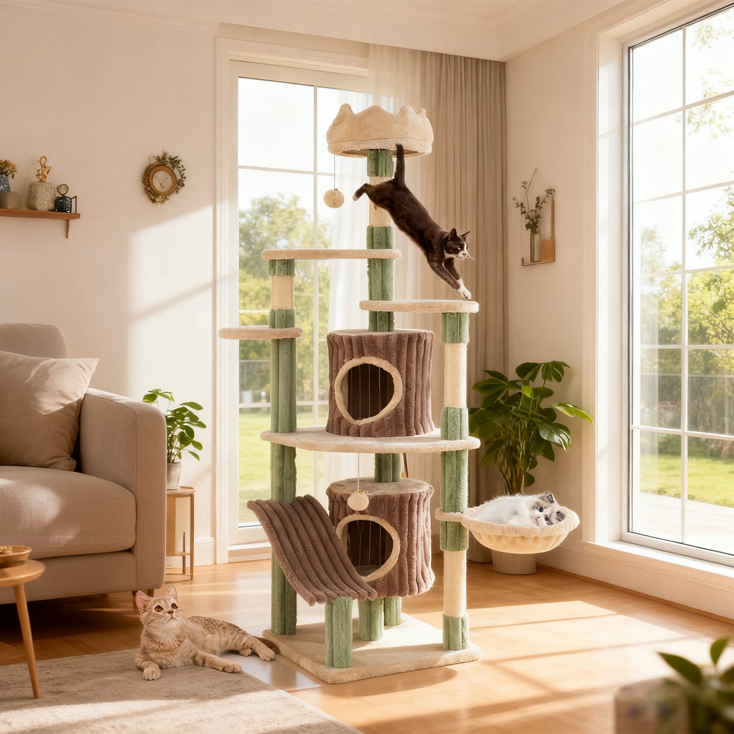 163 cm Tall Kitty Tower with 2 Condos and Plush Perch-Green