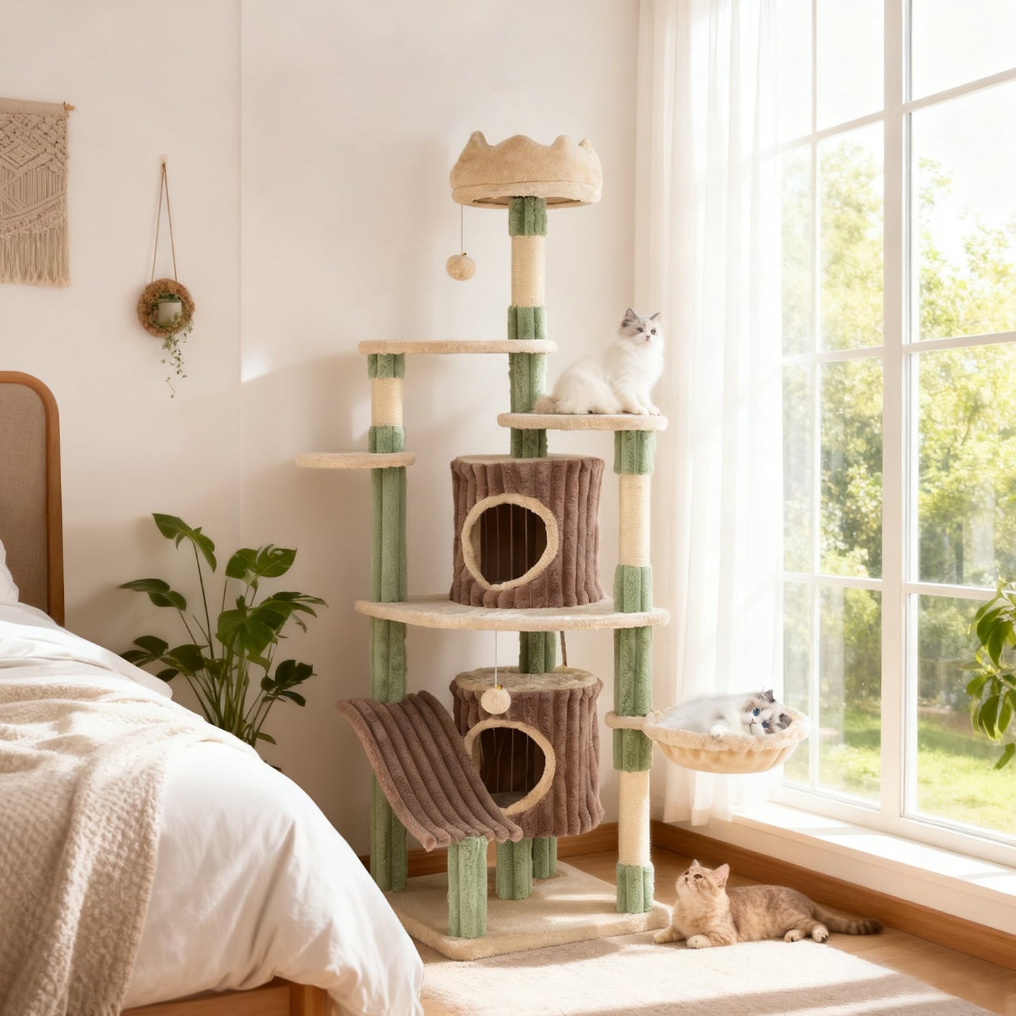 163 cm Tall Kitty Tower with 2 Condos and Plush Perch-Green
